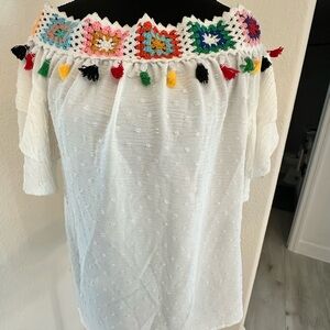 White Boho Crochet Trim Top
